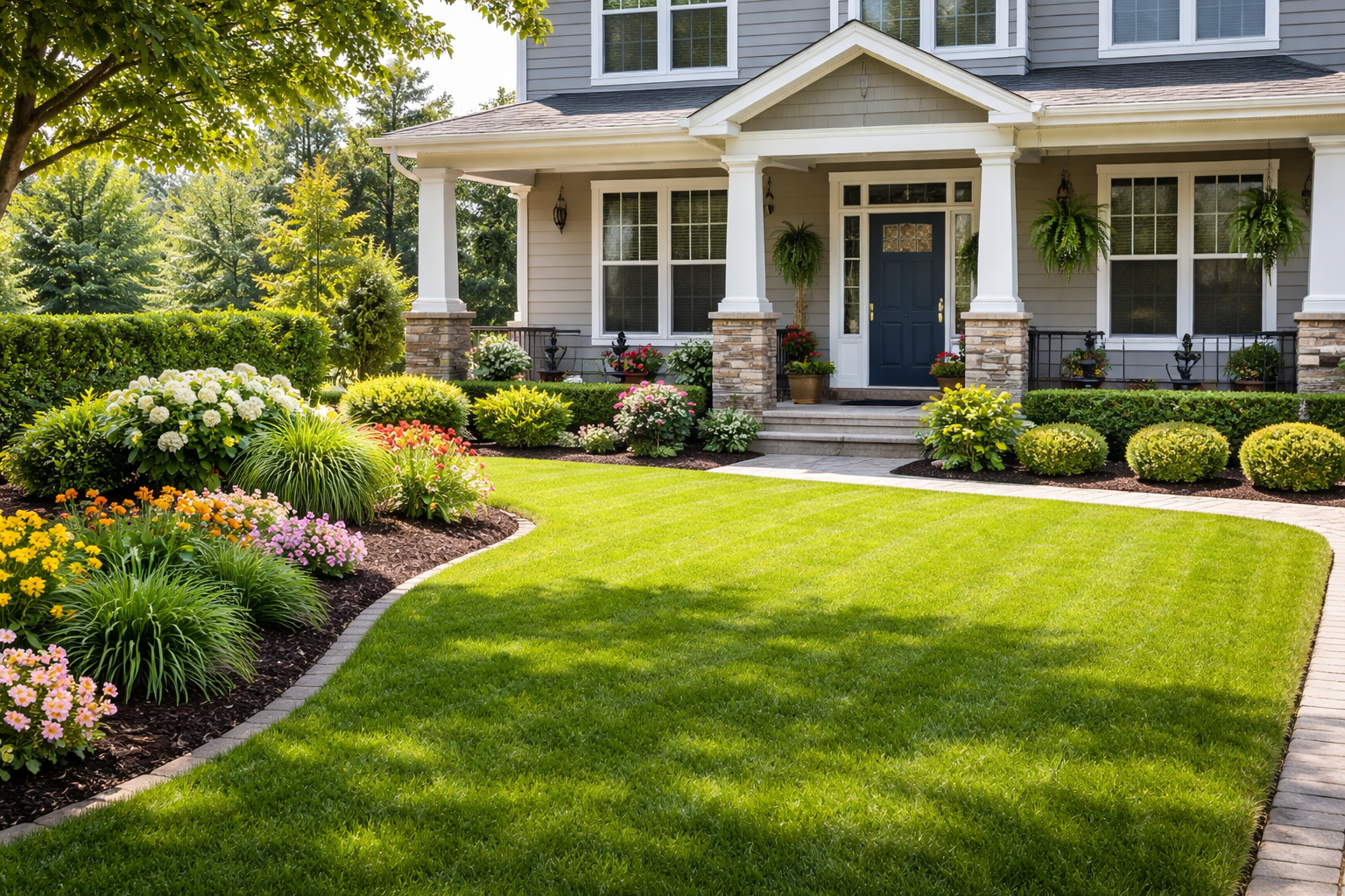 A well-maintained lawn and tidy landscaping in front of a home.