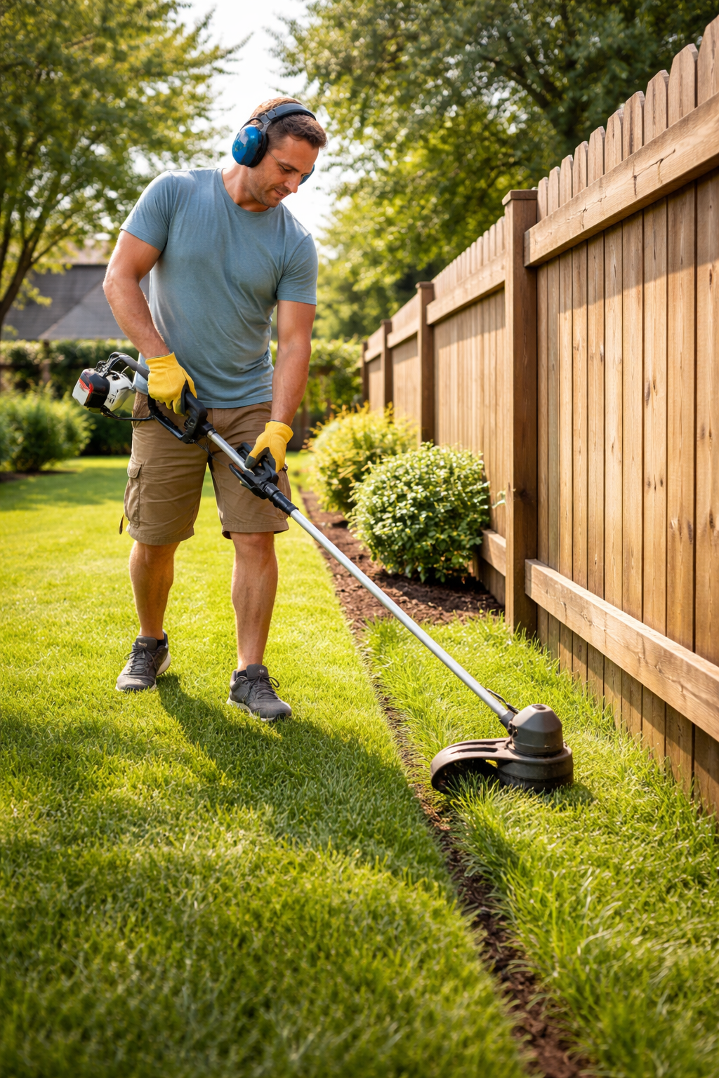 Weed eater in use along a border.